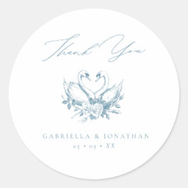 Vintage Blue Floral Swans Script Wedding Thank You Runder Aufkleber