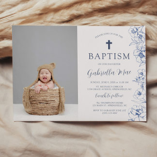 Vintage Blue Flowers Baptism Photo Invitation Einladung