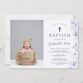 Vintage Blue Flowers Baptism Photo Invitation Einladung (Vorderseite)