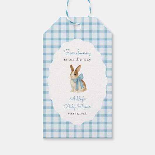 Vintage Blue Gingham Bunny Boy Baby Shower Geschenkanhänger (Vorderseite)