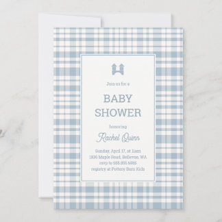 Vintage blue gingham pattern boy baby shower einladung