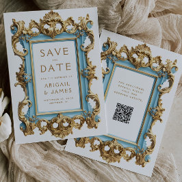 Vintage Blue Gold Rokoko QR Code Hochzeit Save The Date