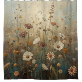 Vintage Blue Green Brown Wildflower Garden Print Duschvorhang