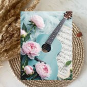 Vintage Blue Guitar & White Flower Art Postcard |  Postkarte