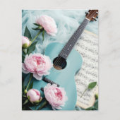 Vintage Blue Guitar & White Flower Art Postcard |  Postkarte (Vorderseite)