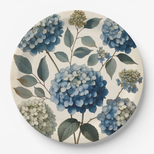 Vintage Blue Hydrangea Botanical Paper Plate Pappteller (Vorderseite)