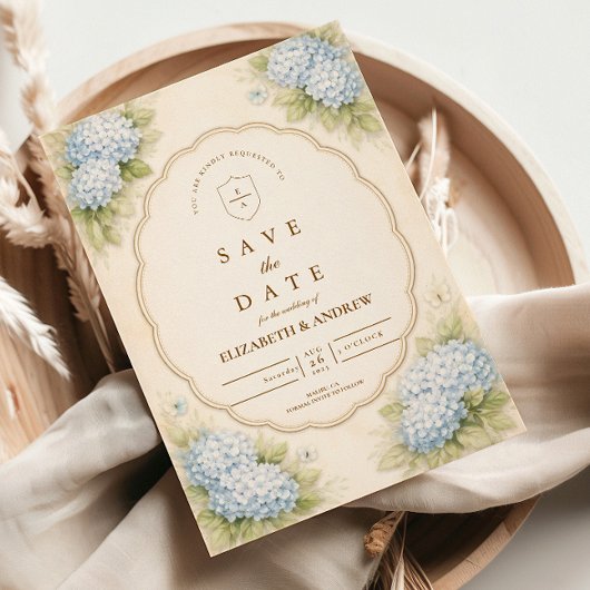 Vintage Blue Hydrangea Garden Wedding Save The Date