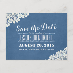 Vintage Blue Lace Corner Wedding Save the Date Ankündigungspostkarte
