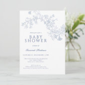 Vintage Blue Line gezeichnete Blumenbaby-Dusche Einladung (Stehend Vorderseite)