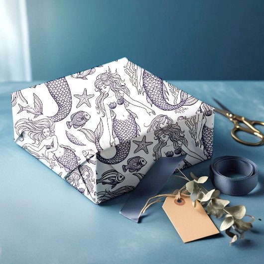 Vintage Blue Mermaid & Sea Life Pattern Geschenkpapier