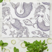 Vintage Blue Mermaid & Sea Life Pattern Geschirrtuch (Gefaltet)