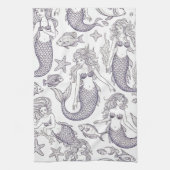 Vintage Blue Mermaid & Sea Life Pattern Geschirrtuch (Vertikal)