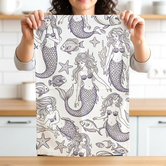 Vintage Blue Mermaid & Sea Life Pattern Geschirrtuch
