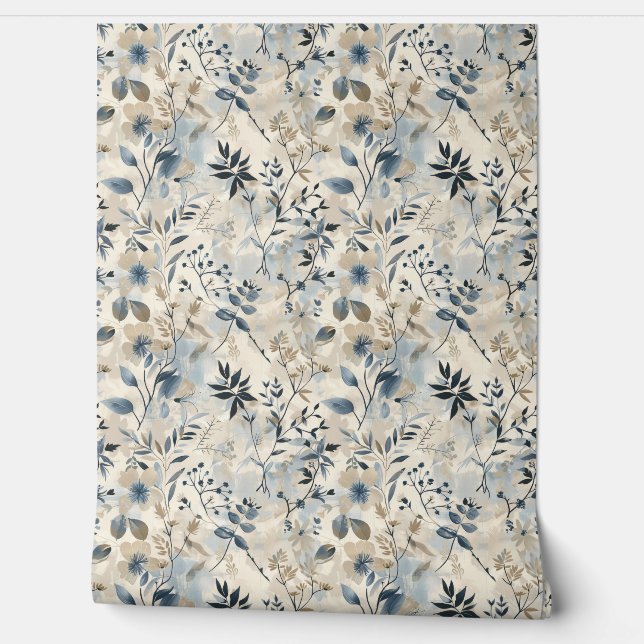 Vintage Blue Neutral Floral Tapete (Abrollen)