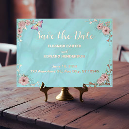 Vintage Blue Peony Foil Save the Date Karte