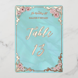 Vintage Blue Peony Foil Tischnummer Card