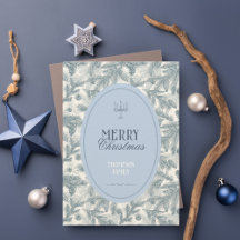 Vintage Blue Pine Branches Flat Christmas Card