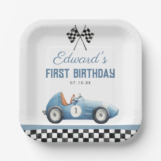 Vintage Blue Race Car 1st Birthday Pappteller (Vorderseite)