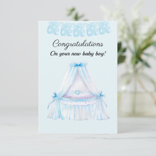 Vintage Blue-Stroll-Baby-Gratulationskarte (Stehend Vorderseite)