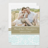 Vintage Blue Tan Damask Foto Eloptionkarten Ankündigung (Vorne/Hinten)