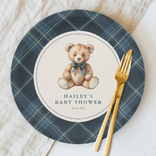 Vintage Blue Tartan Teddy Bear Baby Shower Pappteller