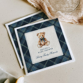 Vintage Blue Tartan Teddy Bear Baby Shower Serviette