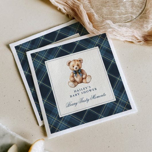 Vintage Blue Tartan Teddy Bear Baby Shower Serviette