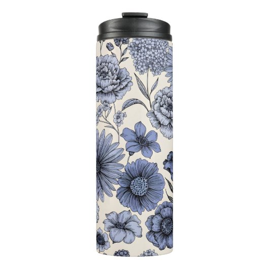 Vintage Blue Toile Floral Botanical Pattern Thermosbecher (Vorderseite)