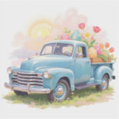 Vintage Blue Truck with Easter Eggs & Tulips Aufkleber (Vorderseite)