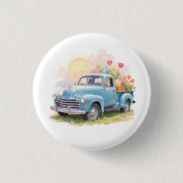 Vintage Blue Truck with Easter Eggs & Tulips Button