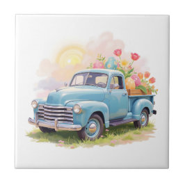 Vintage Blue Truck with Easter Eggs & Tulips Fliese