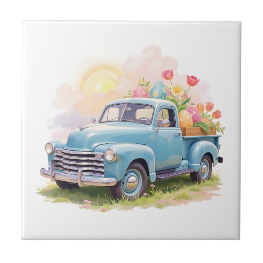 Vintage Blue Truck with Easter Eggs & Tulips Fliese (Vorderseite)