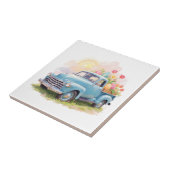 Vintage Blue Truck with Easter Eggs & Tulips Fliese (Seite)