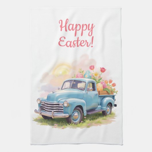 Vintage Blue Truck with Easter Eggs & Tulips Geschirrtuch (Vertikal)