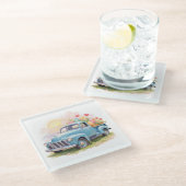 Vintage Blue Truck with Easter Eggs & Tulips Glasuntersetzer (Schrägansicht)