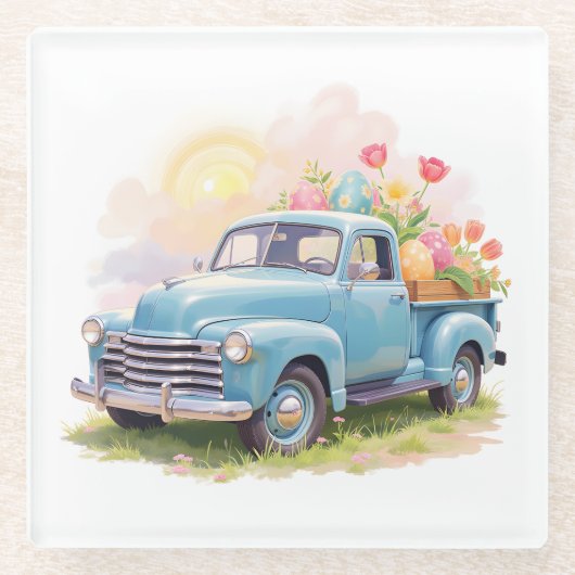 Vintage Blue Truck with Easter Eggs & Tulips Glasuntersetzer (Vorderseite)