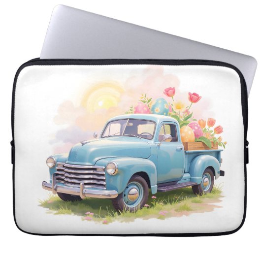 Vintage Blue Truck with Easter Eggs & Tulips Laptopschutzhülle (Vorderseite)