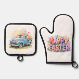 Vintage Blue Truck with Easter Eggs & Tulips Ofenhandschuh & Topflappen-Set