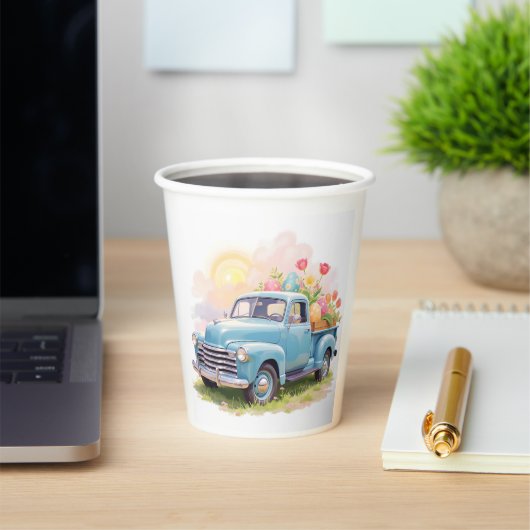Vintage Blue Truck with Easter Eggs & Tulips Pappbecher (InSitu)