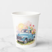 Vintage Blue Truck with Easter Eggs & Tulips Pappbecher (Vorderseite)