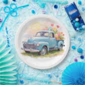 Vintage Blue Truck with Easter Eggs & Tulips Pappteller (Party)