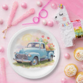 Vintage Blue Truck with Easter Eggs & Tulips Pappteller (Party)