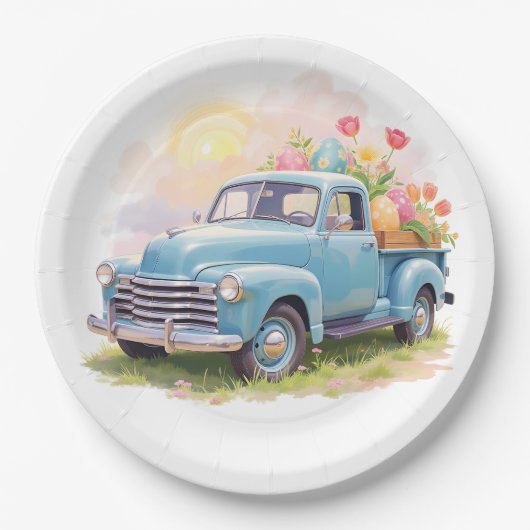 Vintage Blue Truck with Easter Eggs & Tulips Pappteller (Vorderseite)