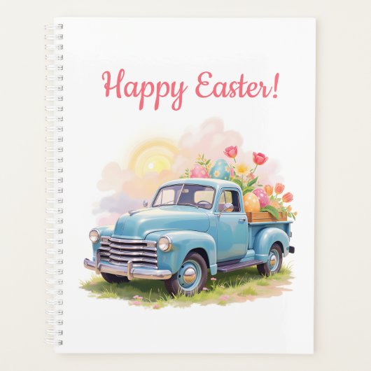 Vintage Blue Truck with Easter Eggs & Tulips Planer (Vorderseite)