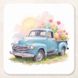 Vintage Blue Truck with Easter Eggs & Tulips Rechteckiger Pappuntersetzer