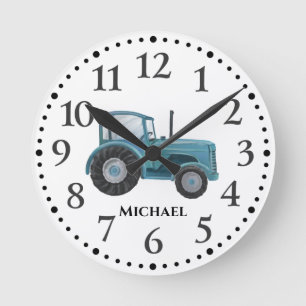Vintage Blue Watercolor Tractor Wall Clock Runde Wanduhr