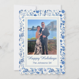 Vintage Blue & White Floral Holiday Card Feiertagskarte