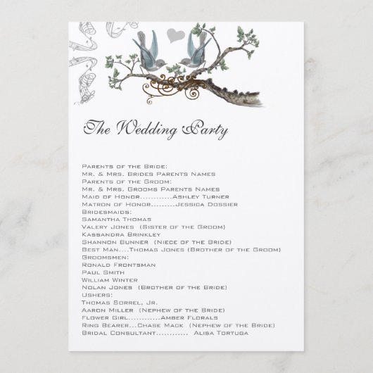 Vintage Bluebird-Hochzeitsprogramme Programm (Rückseite)