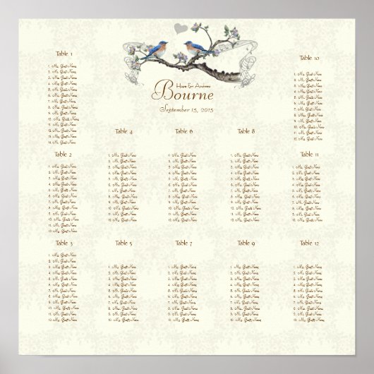 Vintage Bluebirds blühen 12 Tische Poster (Vorne)