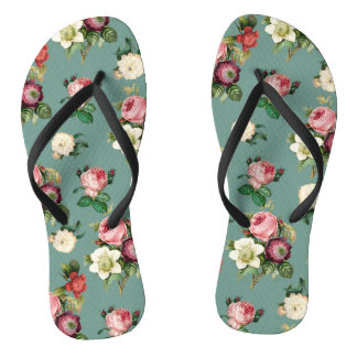 Vintage Blume auf Stone Blue, Retro Floral Print Badesandalen